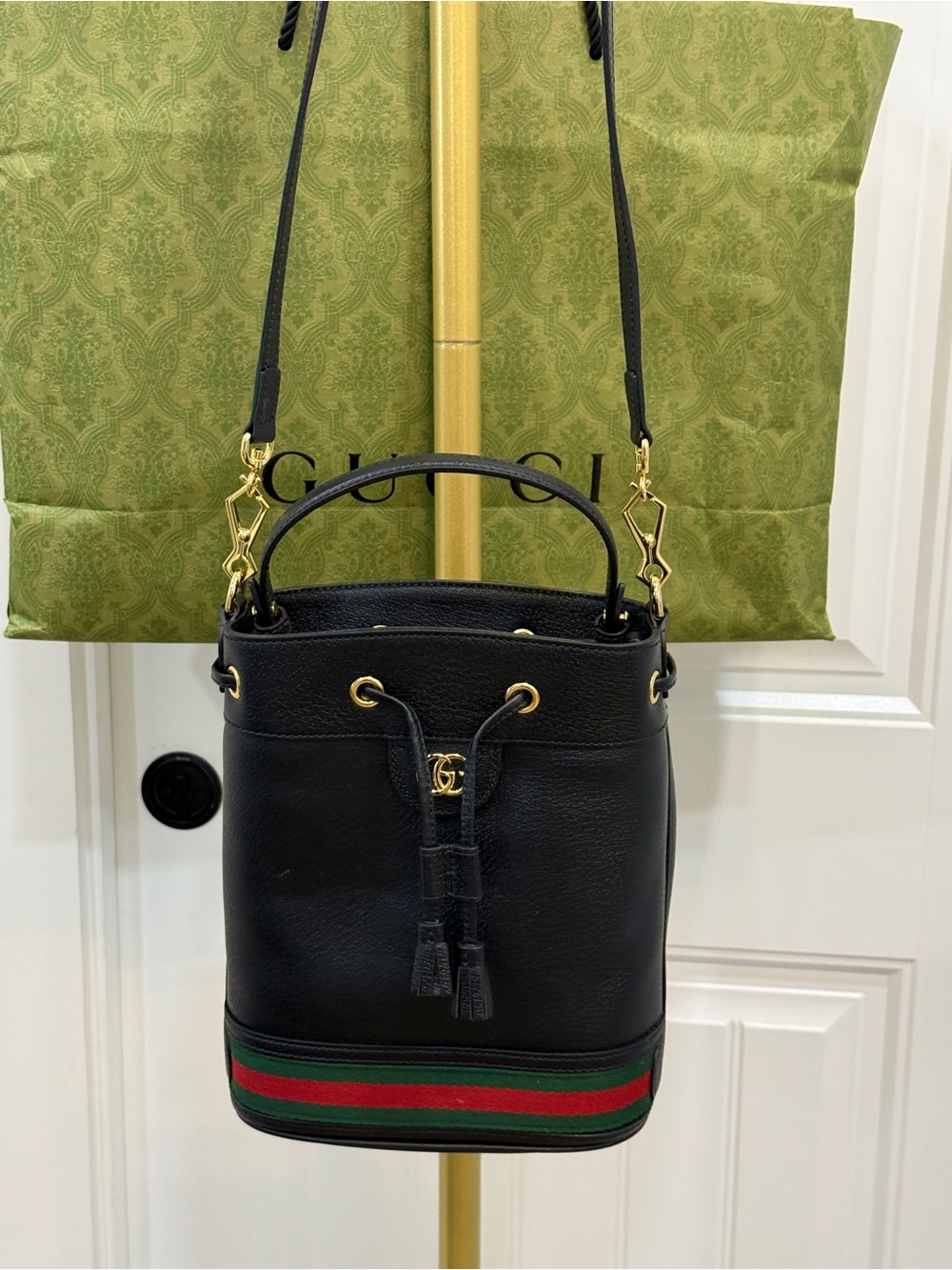 Gucci Black Leather Ophidia Bucket Bag with Green and Red Stripe